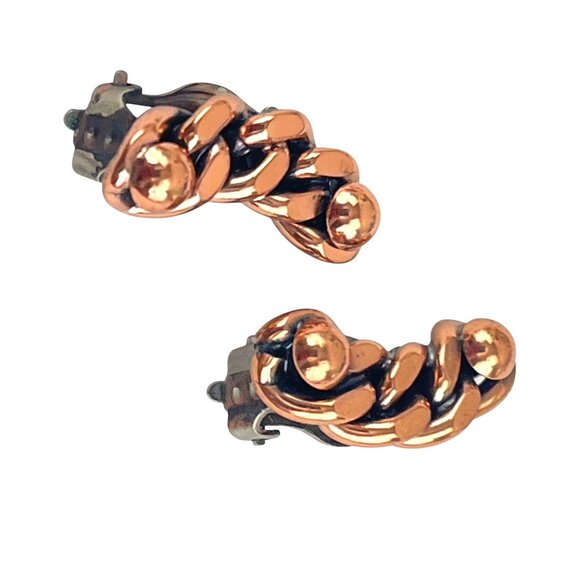 Renoir 1950s Style MCM Chain Link Vintage Copper Braided Clip-On Earrings - Picture 9 of 9